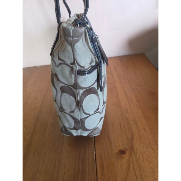 Authentic Coach Monogram Khaki and Vermillion Striped Shoulder Bag Tote Medium - Picture 5 of 13